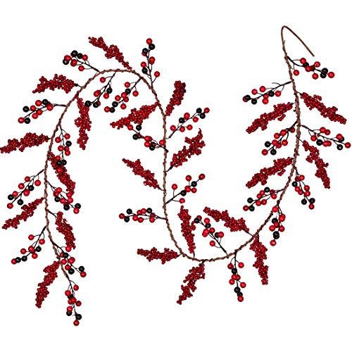 Artiflr 6 Feet Red Berry Garland Christmas, Berry Twig Garland Wired Stems with Bulk Assorted Large Berries and Berry Clusters Rustic for Holiday Fireplace Table Runner Centerpiece Decor