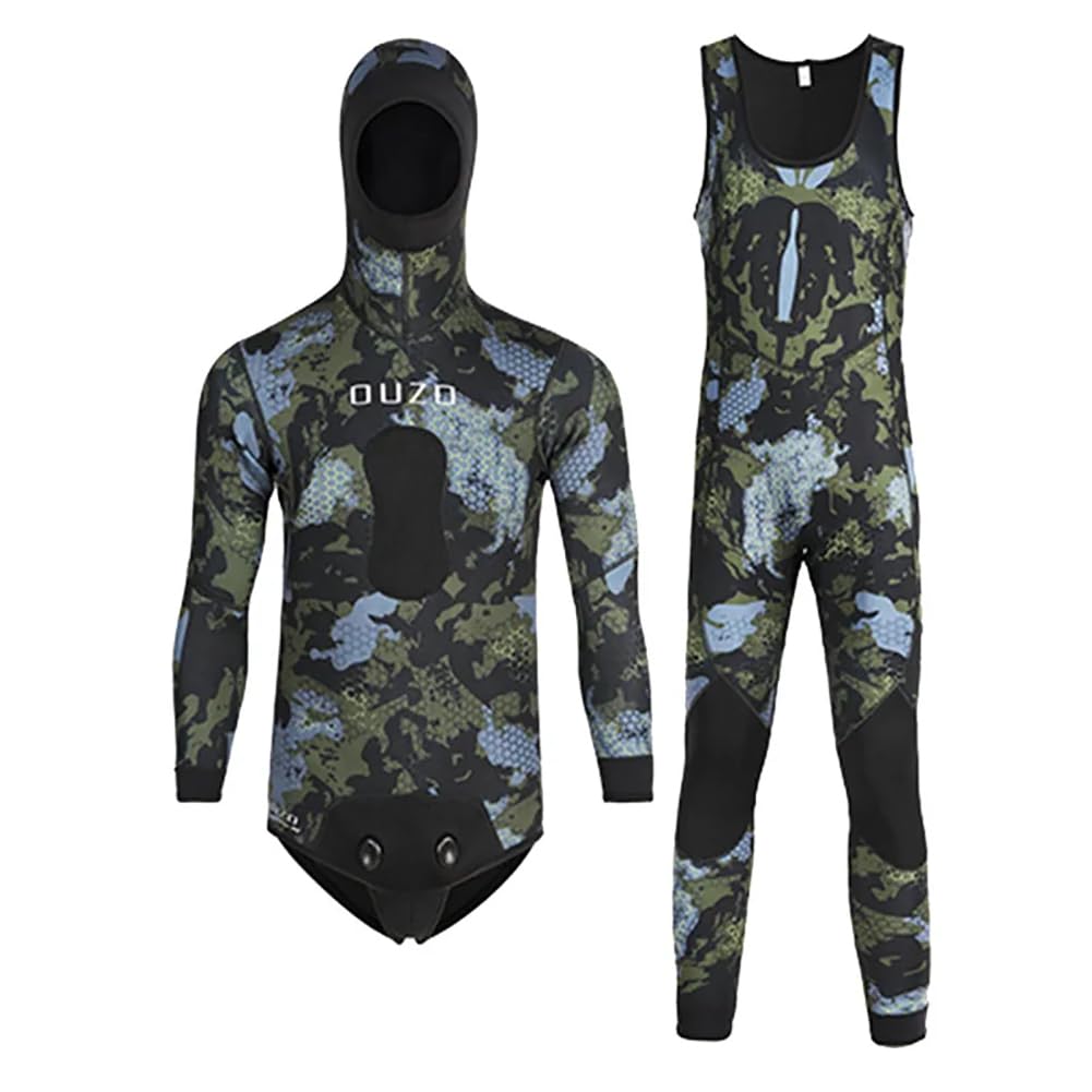Traje de pesca submarina de neopreno de 3 mm, 2 piezas, camuflaje, con capucha para agua fría, buceo libre, natación, surf