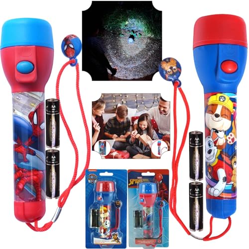 2 piezas LED grandes antorchas niños luz nocturna antorcha LEDs súper brillante regalos de cumpleaños linterna de plástico juguete niños corte de energía camping unisex (Spiderman y Patrulla Canina)