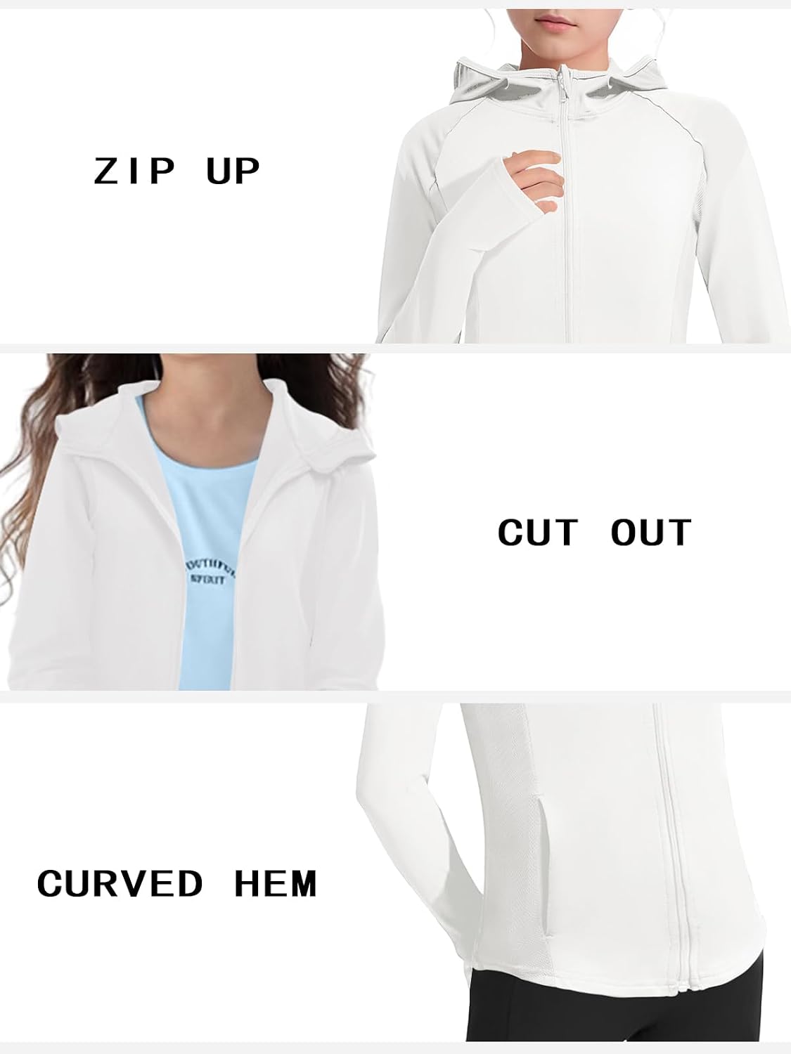 Girls Lightweight Jacket Long Sleeve Zip Up Athletic Hoodie Top UPF50+ Fishing Hiking Sun Protection Outwear