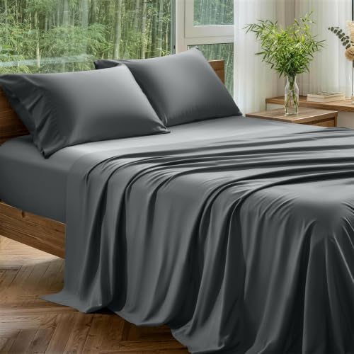Image of 100% Organically Grown Bamboo Viscose King Sheet Set with Pockets on Side | Hotel Luxury Bed Sheets Set, Deep Pocket Up to 16 Inches, Ultra Soft Cooling Sheets 4pcs (Dark Grey)