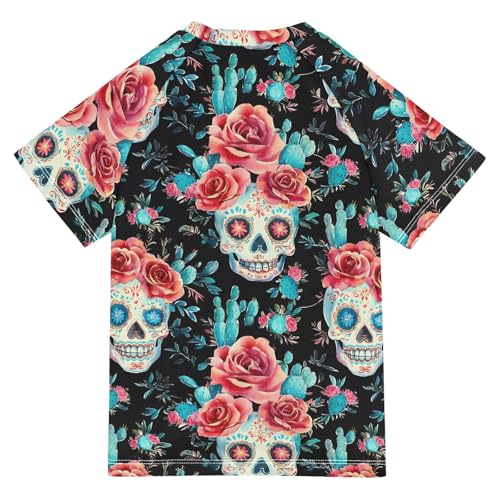 ALAZA Kids Rash Guard Girls Boys Toddler Swim Shirts Short Sleeve Skull Rose Cactus UPF 50+ 3T2