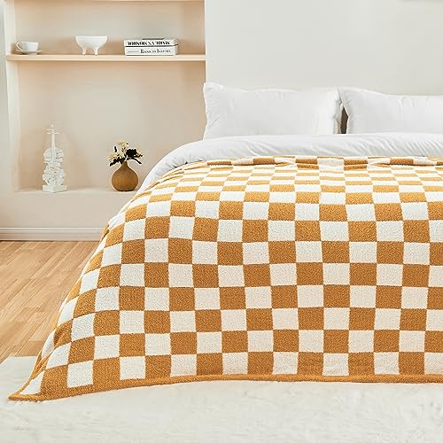Image of CozeCube Orange White Reversible Checkered Knit Throw Blanket 60 inchx80 inch