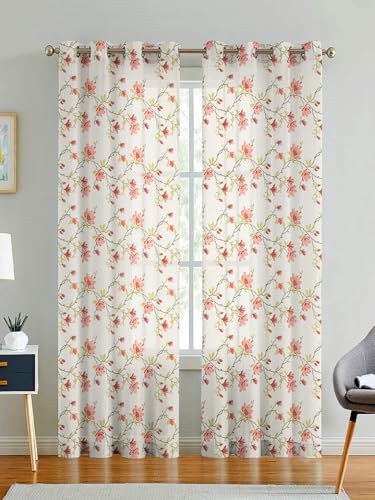 Image of LINENWALAS Cotton Linen Printed Sheer Curtain Set of 2 Panels with Eyelet Ring Hanging, Floral Printed Door Curtains Non Blackout Light Filtering Curtains (7 Feet x 4.5 Feet, Blossoming Vines)