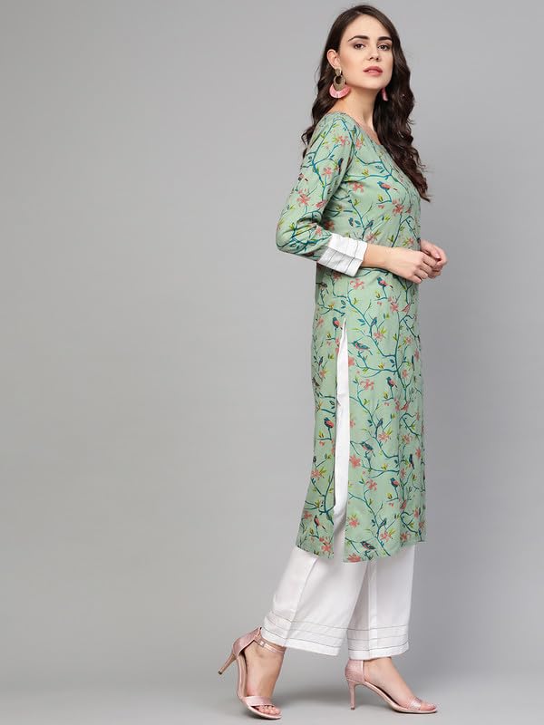 Image of idaLia Women's Multicolour Bird Print Rayon Kurta Set
