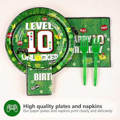 Image of Grencian 96Pcs Green Video Game 10th Birthday Party Supplies, Serves 24 | Video Game Paper Plates and Napkins Video Game Birthday Tableware Set for Kids Boys 10th Birthday Gamer Gaming Party Supplies
