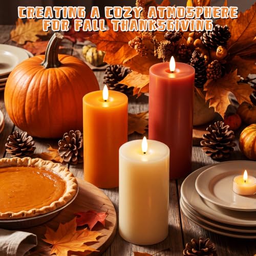 Image of Retisee 3 Pcs Fall 6 /8 /12 Inches Flameless LED Candles with Remote and 2 /4 /8h Timer Yellow Cream Orange Battery Electronic Wax Flickering Candles for Autumn Home Decor, Table Cozy Seasonal Gatherings