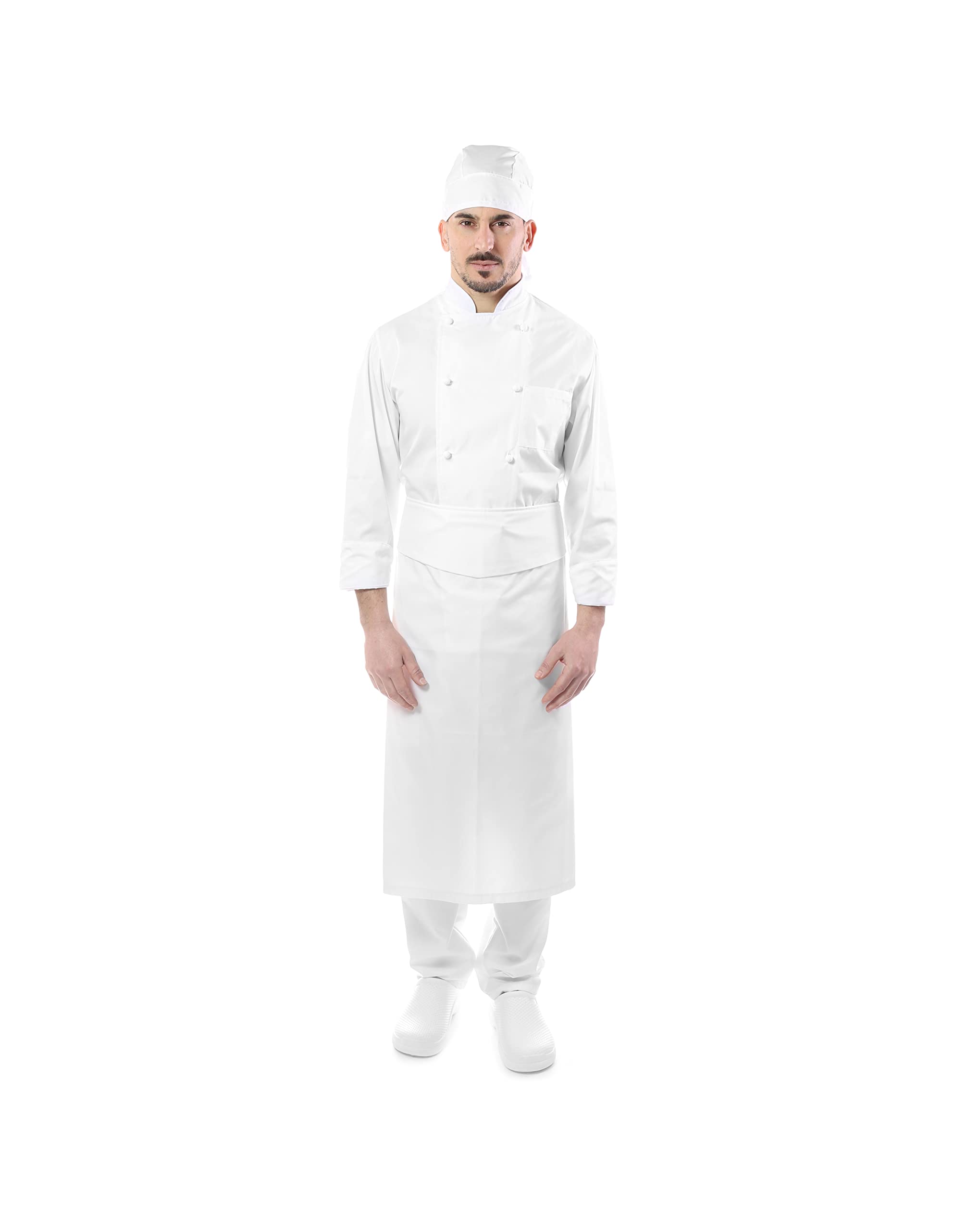 Bordado gratuito – Conjunto de cocinero y chef blanco – Hombre – 4 unidades – Chaqueta, Pantalón, Davantino y Bandana – uniforme para cocina y restaurante – Fabricado en Italia