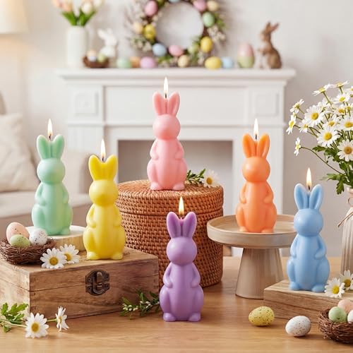 DoubleFill 6 Pcs Easter Bunny Candle Mini Pastel Easter Candles Cute Bunny Decorations Spring Rabbit Table Home Decor for Spring Party Favors Decoration Centerpiece