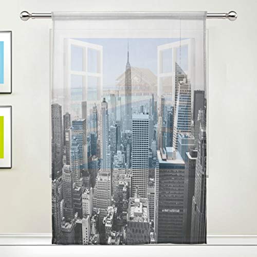 RXYY Rideau de fenêtre en voile transparent Motif New York City Noir et blanc 139,7 x 198,1 cm