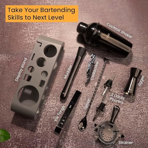 Image of SAKI|10 Piece Bartender kit Black (Cocktail Shaker Gift Set with Gray Stand), Bartender Kit: Shaker, Spoon, Jigger, Muddler, Strainer, Wine & Beer Bottle Opener, Pour Spouts & Tongs (with Colour Box)
