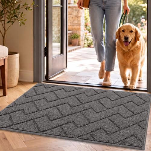 hicorfe Dirt Trapper Indoor Doormat,20'x32' Welcome Door mat,Non Slip Backing Washable Door Mats,Absorbent and Resistant Low-Profile Entrance Inside Floor Mat for Front Back Door and Entryway (Grey)