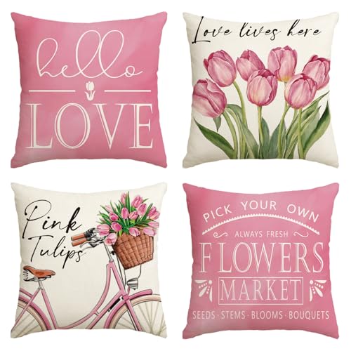AVOIN colorlife Hello Love Pink Tulips Bicycle Throw Pillow Cover...
