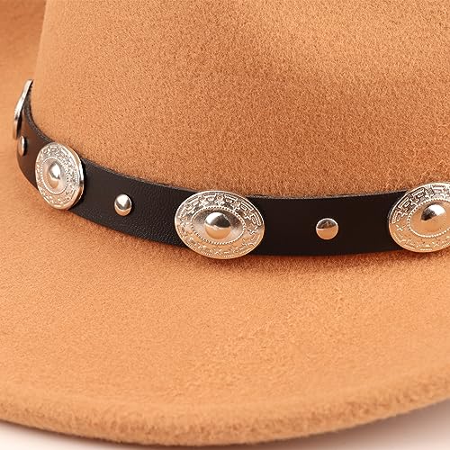 Image of DRESHOW Women Men Classic Felt Wide Brim Western Cowboy & Cowgirl Cap Belt Buckle Retro Panama Hat Unisex Rolled up Caps