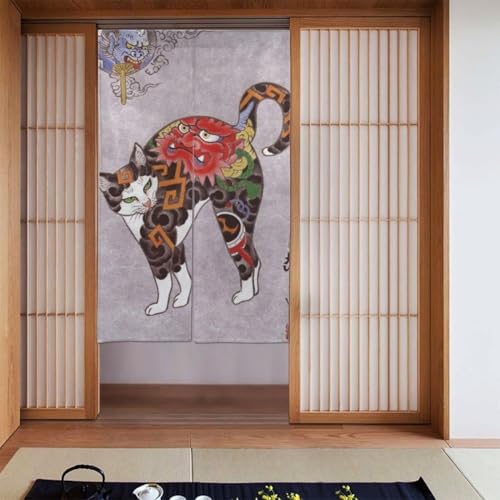 のれん 和風 浮世絵 猫柄 間仕切り おしゃれ 遮光 目隠し 暖簾 ドアカーテン 北欧 厚手 断熱防寒 インテリア リビング キチン ロング カーテン 玄関 飲食店 出入り口 洗面所 台所用 四季兼用 86x143cm