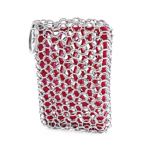 Image of BabriInta Cast Iron Chainmail Scrubber with Red Silicone Insert Chainmail Scrub Easy to Grip,Cast Iron Pan Cleaner -316 Chain Metal Sponge for Cast Pan Skillet Scrubber