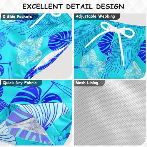 DOMIKING Hibiscus Monstera Flowers Teal Toddler Boys' Swim Trunks Mesh Lining Swim Shorts for Kids Boys Adjustable Waist3