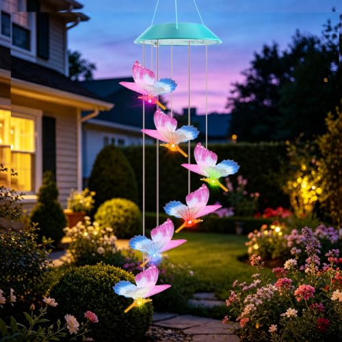 Image of Toodour Solar Wind Chime, Color Changing LED Swaying Butterfly Wind Chimes, Upgrade Butterfly with Fluttering Wings, Waterproof Solar Outdoor Light Decor for Garden Window Patio, Gift for Mom Grandma