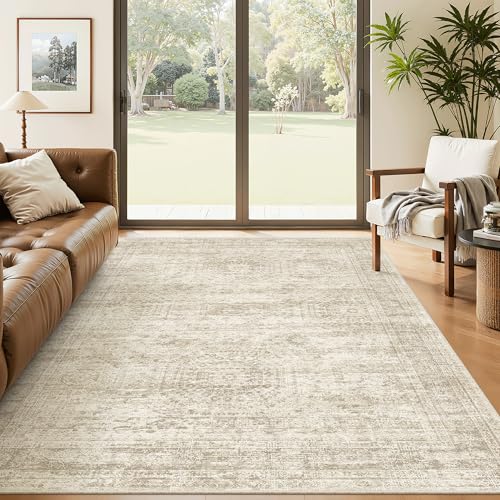 Image of Soalmost 5x8 Area Rugs Beige Low Pile Washable Trendy Faded Style Rug