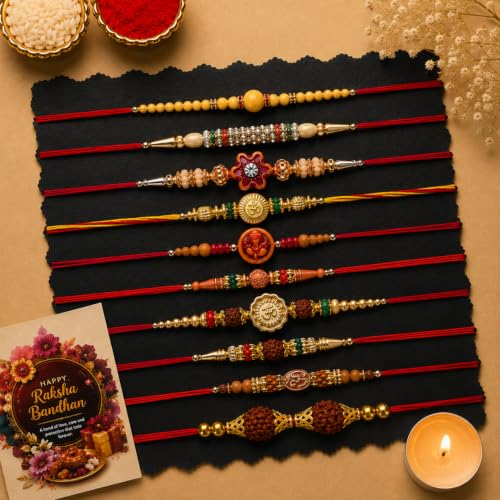 Image of DIKANG Combo Pack of 10 Premium Rakhi Set for Brother and Bhabhi | Mauli Thread Rakhi with Roli Chawal Tilak Set & Greeting Card | Rakhis for Rakshabandhan with Tealight Candle (NR110)