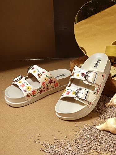 Image of Women Floral Double Strap Buckle Slides | Embroidered Casual Slip-On Sandals for Girls | Lightweight Anti-Slip Comfortable Everyday Wear Flats