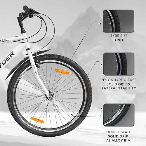 Image of Stryder 26T Street Fire Multispeed Gear Mountain Cycle (White-White) - V Brake | Rigid Fork | Welded Steel Frame | Alloy Rims | Unisex MTB Bicycle | 85% Assembled
