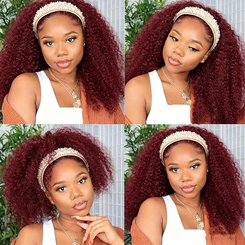 Image of 99J Burgundy Kinky Curly Headband Wig Human Hair 99J Kinky Curly Human Hair Wigs for Black Women 26 Inch Glueless Machine Made Brazilian Curly Headband Wig 150% Density