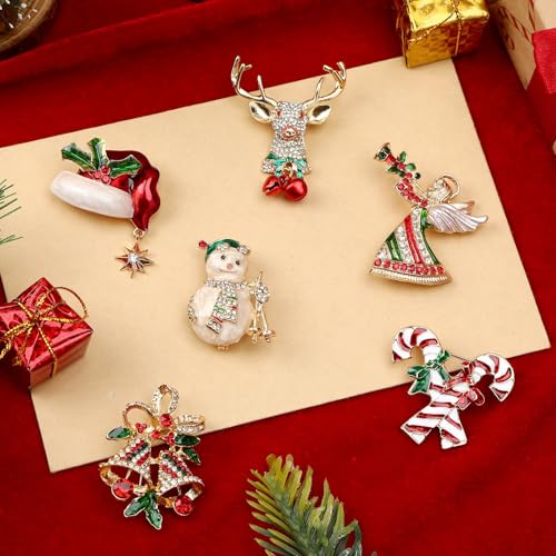 Image of 6 Pieces Merry Christmas Pins Brooch, Rhinestone Crystal Christmas Pin Enamel Christmas Bells Elk Snowmen Lollipop Brooch Christmas Decoration Ladies Holiday Gift Jewelry Party