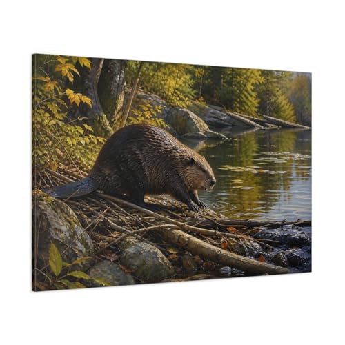 Tableau castor réaliste toile salon 120x80cm art horizontal