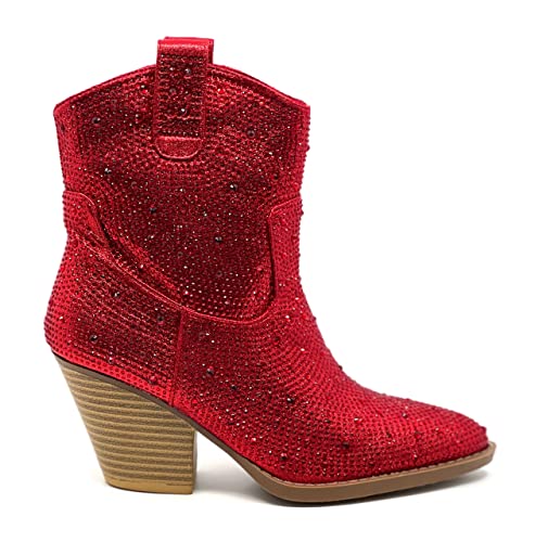 FOREVER Women Rhinestone Block Chunky Heel Ankle Bootie River-01 Red 10,Red Rhinestone-013