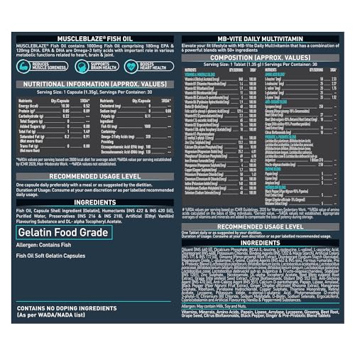 Image of MuscleBlaze Micronised Creatine Monohydrate CreAMP Powder, Unflavoured (32 Servings, 100g), MB-Vite Daily Multivitamin (30 Tablets) & Omega 3 Fish Oil 1000mg (30 Capsules) | Pack of 3