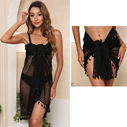 K-Elewon Crochet Sarong Swimsuit Coverup for Women Bathing Suit Cover ups Sexy Bikini Scarf Bathing Suit Bottom Beach Swimwear Wrap Skirt H03-01 Black - Image 5