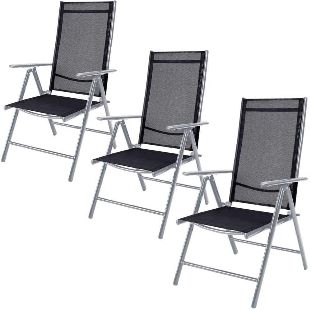 CASARIAยฎ 3x Bern High Backed Folding Aluminium Garden Chairs | Weatherproof | 8-way Adjustable Reclining Backrest with Armrests | Lightweight 120 kg Load Capacity | Patio | Silver