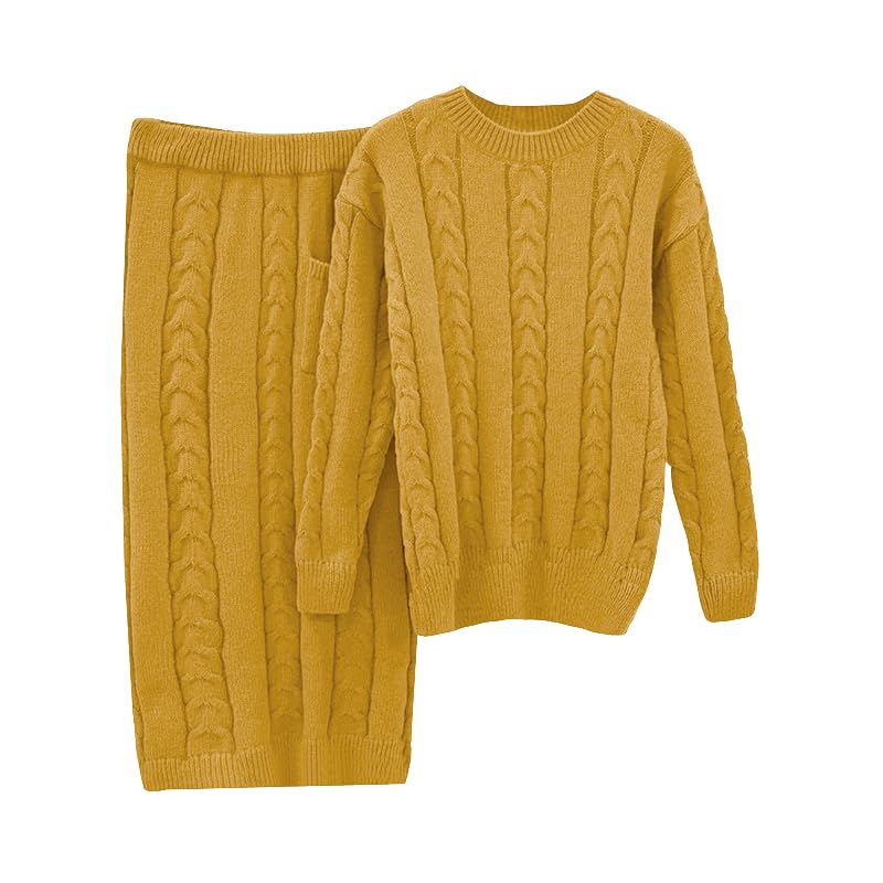 codcm Women's 2 Piece Sweater Set Fall Outfits Chunky Cable Knit Pullover and Bodycon Long Skirt Sets