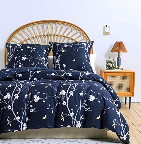 Damier Ropa de cama azul oscuro 220 x 240 cm, diseño de flores, 3 piezas, funda nórdica de microfibra con cremallera y 2 fundas de almohada de 80 x 80 cm