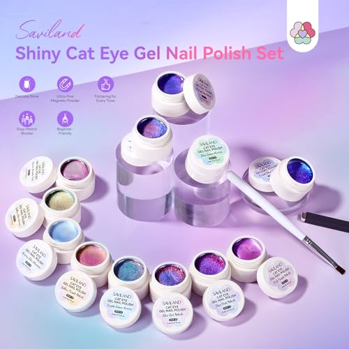 Image of SAVILAND Color Artistry Cat Eye Gel Nail Polish Set: 2026 12 Colors 5ml Crystal Shiny Gloss Cateye Gel Polish Aurora Borealis Pink Blue Magnetic Gel Polish Glitter Gel Nail Polish Gifts Home DIY