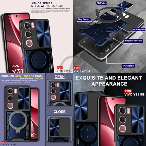 Image of AESTMO Armor Vivo Y31 5G Bumper Back Case Cover | Ring Holder & CD Pattern Sliding Camera Shutter Cover | Back Case Cover for Vivo Y31 5G (Blue)