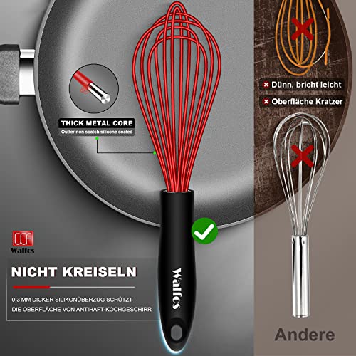 Foto von Walfos 3 Stück Schneebesen rot Silikon, Edelstahl Rührbesen Silikondrähte Ballonschneebesen, Küchen Schneebesen für Mischen, Schlagen, Aufschäumen und Rühren