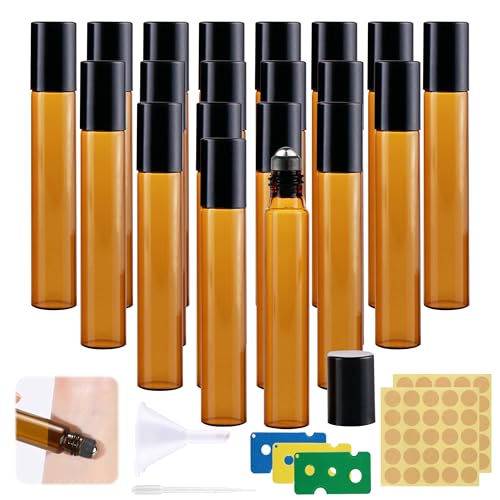 Megcdtr Roll On Botellas de Cristal para Aceite Esencial, 20 Unidades Botellas de Vidrio Roll On 10 ml, Botella Vacío Recargable Rollon Botellas para Aceites Ethericos, Perfumes, Cosméticos, Masajes