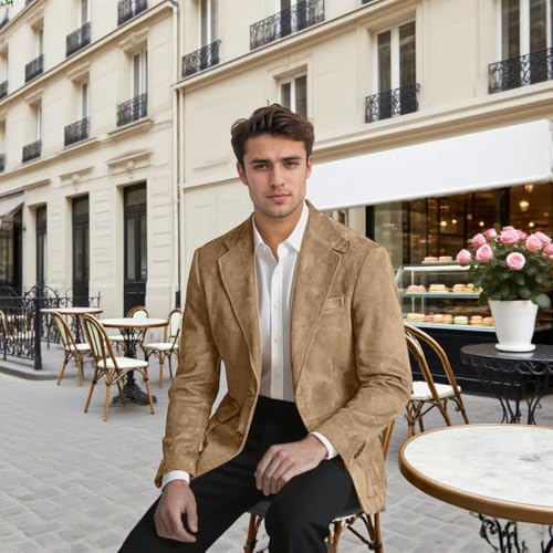 Men's Suede Blazers Slim Fit Business Formal Suit Jacket for Men 2 Buttons Casual Sport Coats with Pockets4
