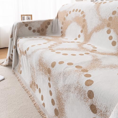 Image of HOKIPO Printed 320 GSM Chenille Sofa Cover Throw Blanket for 3 Seater Sofa - All Season, 'Serene Abode Series' Latte Dotted Wave (180x310 cm) (AR-6633-D3)