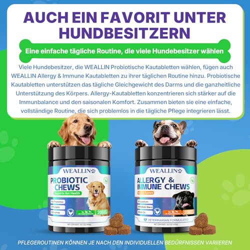 WEALLIN Probiotika für Hunde, Präbiotika für die Darmgesundheit – Unterstützt die Verdauungsgesundheit und die Nährstoffaufnahme – 200 Weiche Kaudrops zur Unterstützung der Hautgesundheit