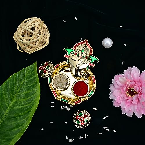 Image of Periapt (K2 558+559 AA3) Rakhi Combo with Pooja Coin, Shri Ganesh Pooja Thali / Tilak Set & Greeting Card Rakhi with plate | rakhi thali set | rakhi for brother kids | rakhi in silver | rakhi hamper | handmade rakhi | rakhi for brother & bhabhi | rakhi Set of 2