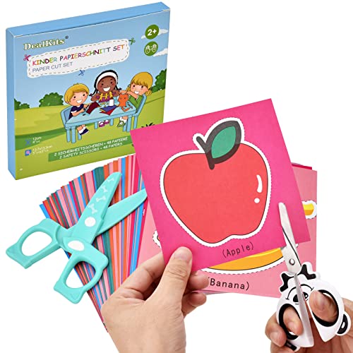 DealKits Lot de 2 ciseaux de découpe de papier pour enfants (1 x PVC + 1 lame en acier inoxydable) + 48 feuilles de papier, kit de découpe de papier amusant, jouet éducatif