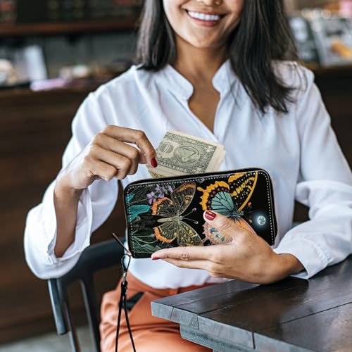 Image of Women's Wallets,Credit Card Holder Money Leather Long Wallet with Wristlet,Large Capacity with Zip-Around Phone Purse for Women Ladies Girls,Two Butterflies