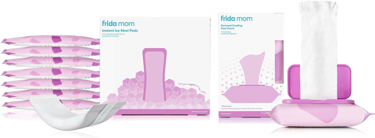 Witch Hazel Perineal Cooling Pad Full-Length Pad Liners + Frida Mom 2-in-1 Postpartum Pads, Ice Maxi Pads| Postpartum Essentials