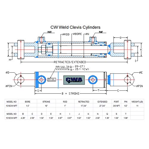 Image of CW Weld Clevis Cylinder 1 1 /2 inch Bore x 10 inch Stroke x 1 inch Rod x 3 /8 NPT Port x 3000 PSI