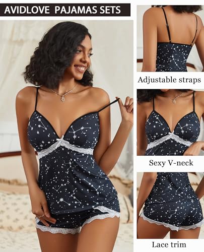 Image of Avidlove Women's Pajama Sets V Neck Lace Trim Sleep Wear Sexy 2 Piece Pjs | Sexy Modal, Soft & Cozy, V-Neck, Sleeveless, 2 Pieces Pjs, Sexy Sleepwear