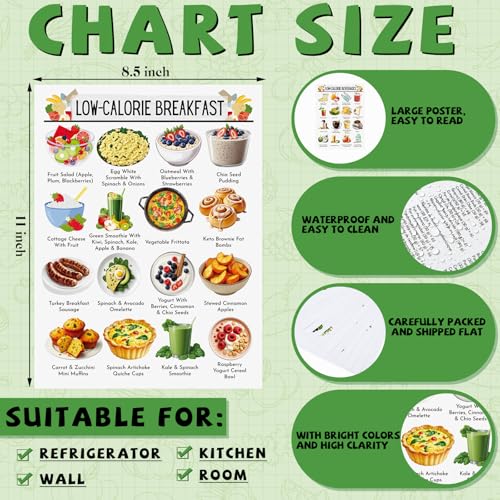 Image of Sinload 12 Pcs Low Calorie Meal Plan Poster Low Calorie Diet Chart Laminate Weight Loss Grocery List for Kitchen Classroom Fridge