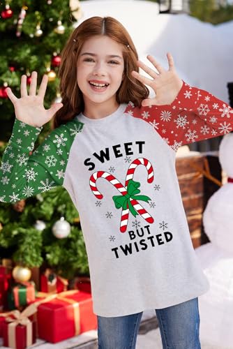 Image of BesserBay Girl's Christmas Buffalo Plaid Raglan Top Funny Holiday Graphic Shirt 4-14 Years